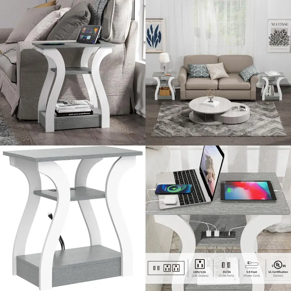 

Contemporary Grey Living Room End Table with Built-In Charging Station and Storage
