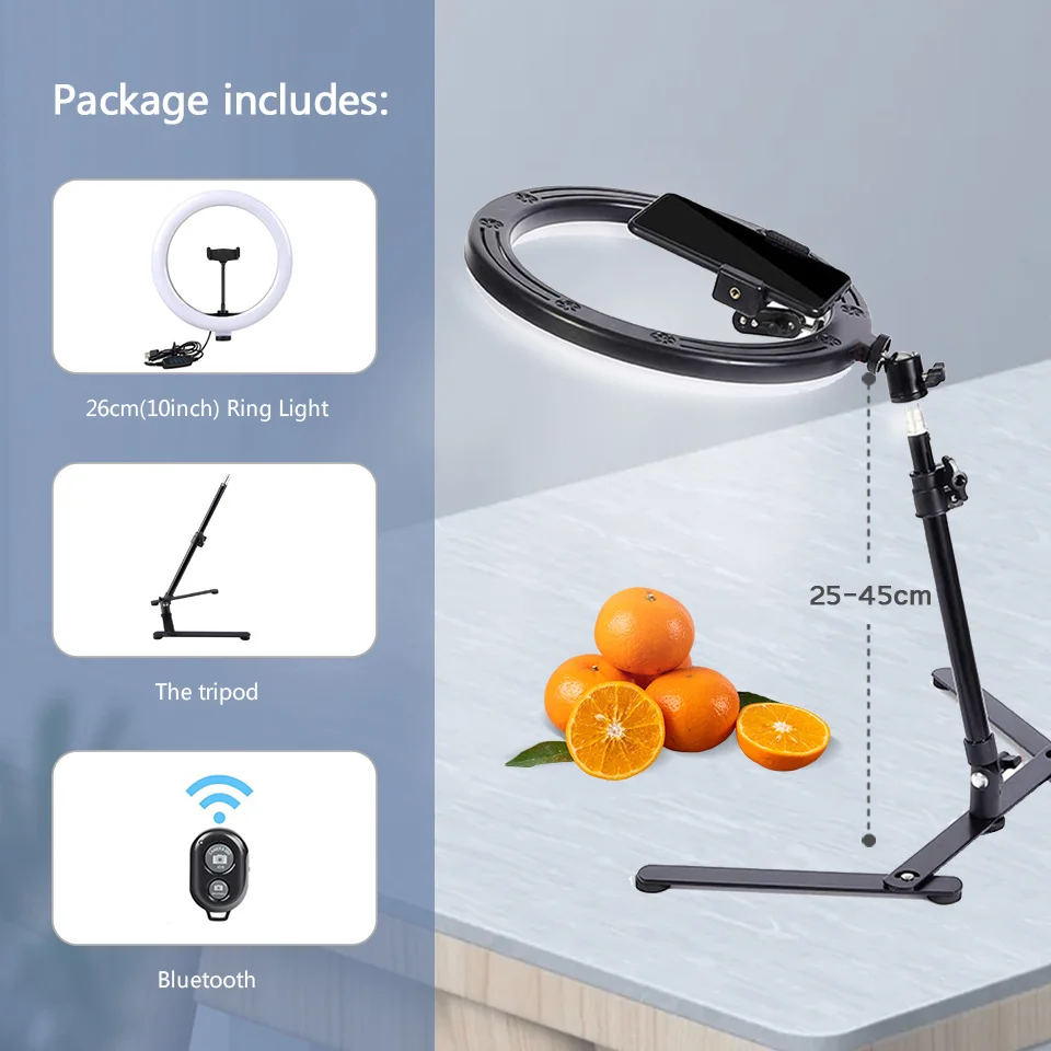 Overhead Tripod with Ring Light for Mobile Cell Phone Desktop Video Shooting Table Horizontal Smartphone Tripe for Cook Filming