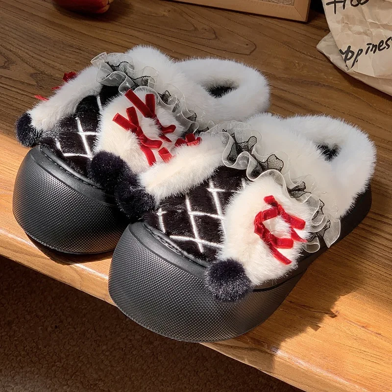 Furry Bow Women Slippers Fashion Ruffles Plush Warm Female Home Shoes Winter Soft Bottom Woman Indoor Slippers