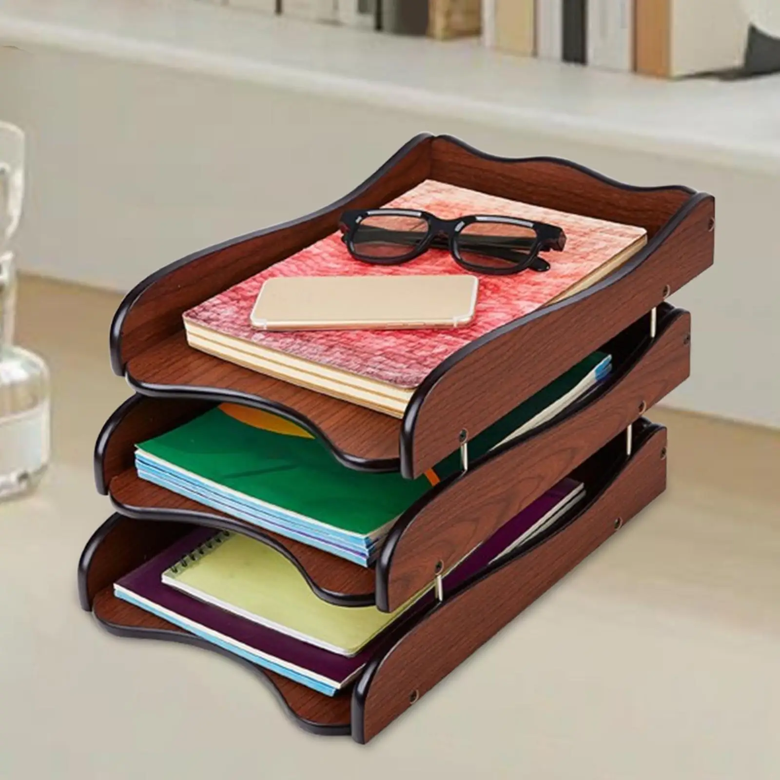 Деревянный поднос, настольный ящик для хранения, прочный 3-х уровневый штабелируемый настольный органайзер для домашнего офиса, школьных почтовых канцелярских принадлежностей