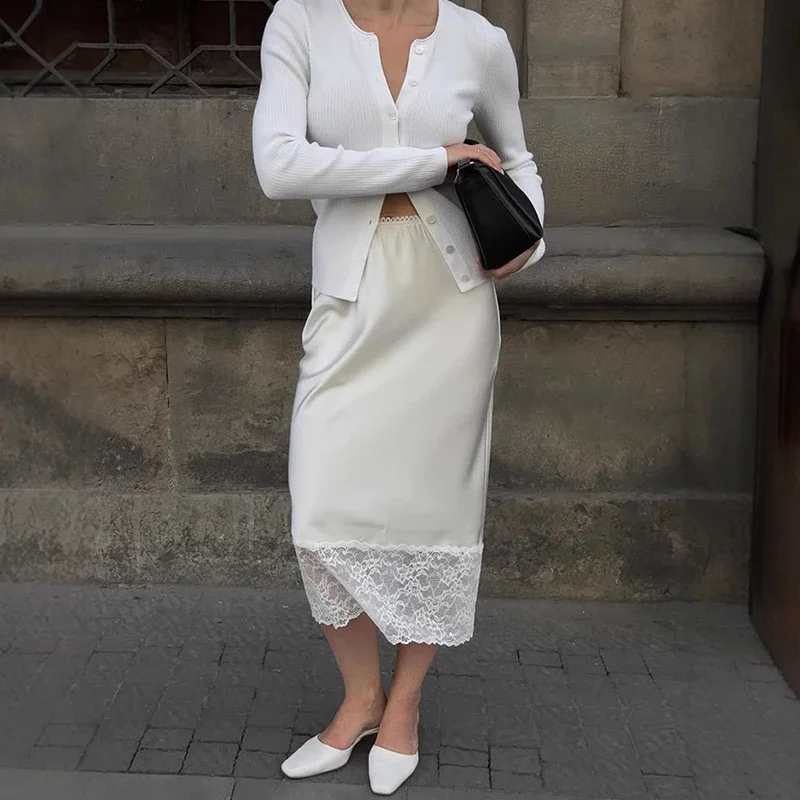 레이스 스플라이스 스커트 여성 우아한 새틴 하이웨이스트 롱 스커트 오피스룩 여름 2025 패션 신상 솔리드 여성 스커트