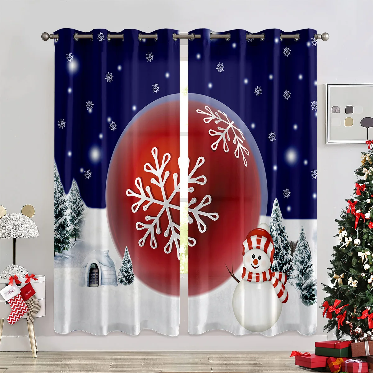 Curtains Featuring A Red Snowflake And Christmas Bauble Print; 100% Polyester; Festive Decorative Curtains For Children's Rooms.
