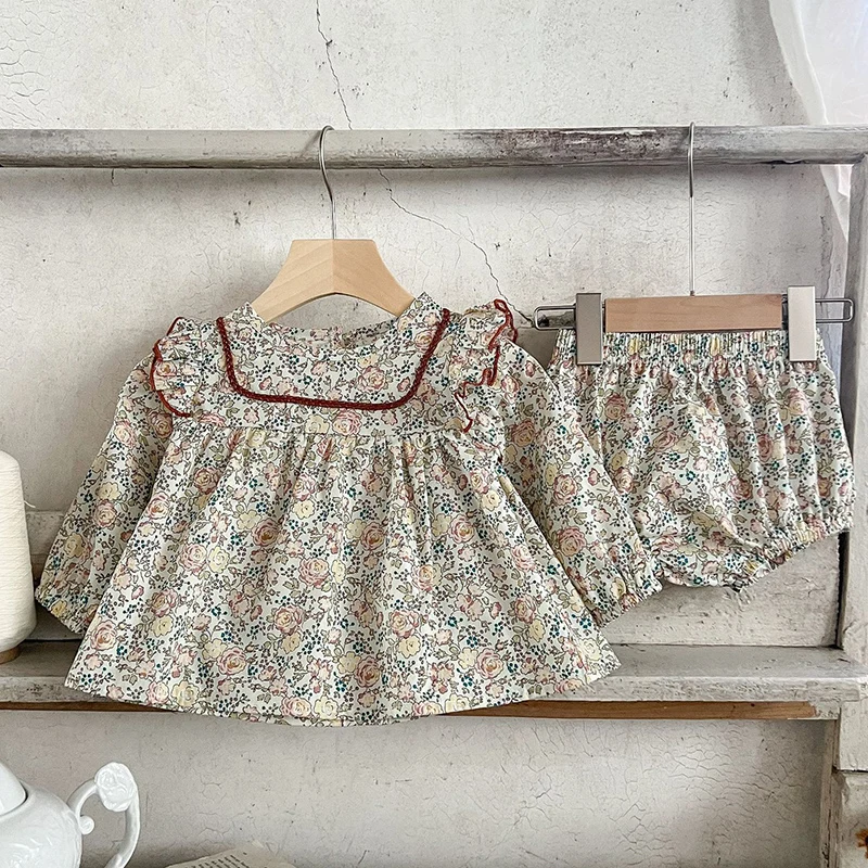 2024 New Autumn Infant Baby Girls Clothing Set Long Sleeved Cotton Printed Shirt+PP Shorts Toddler Baby Girl Clothes Suit