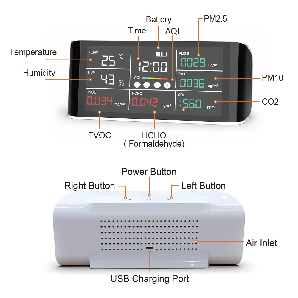 Imagem -06 - Dienmern-grande Tela Lcd Detector de Qualidade Co2 Medidor de Ozônio em Casa Testador de Temperatura e Umidade Pm2.5 10 Hcho Sensor de Gás