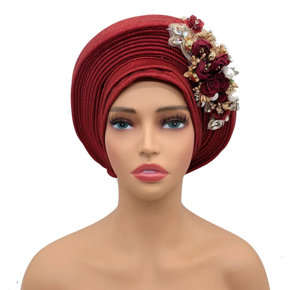 Fashion Women\'s Auto Gele Headtie African Wedding Head Ties Party Head Wraps Lady Turban Cap Female Flower Autogeles