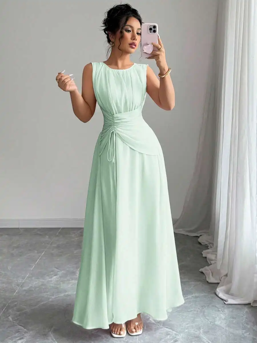 Vestido Maxi de Gasa sin Mangas Color Verde Menta para Mujer, con Cintura Ajustable con Cordón, Estilo Vintage Francés Elegante