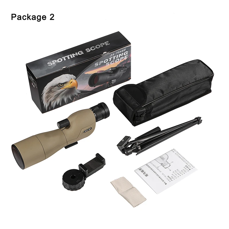 HD 25-75×60 telescopio para disparar al objetivo con bolsa de transporte telescopio Monocular BAK4 lente FMC para caza observación de aves