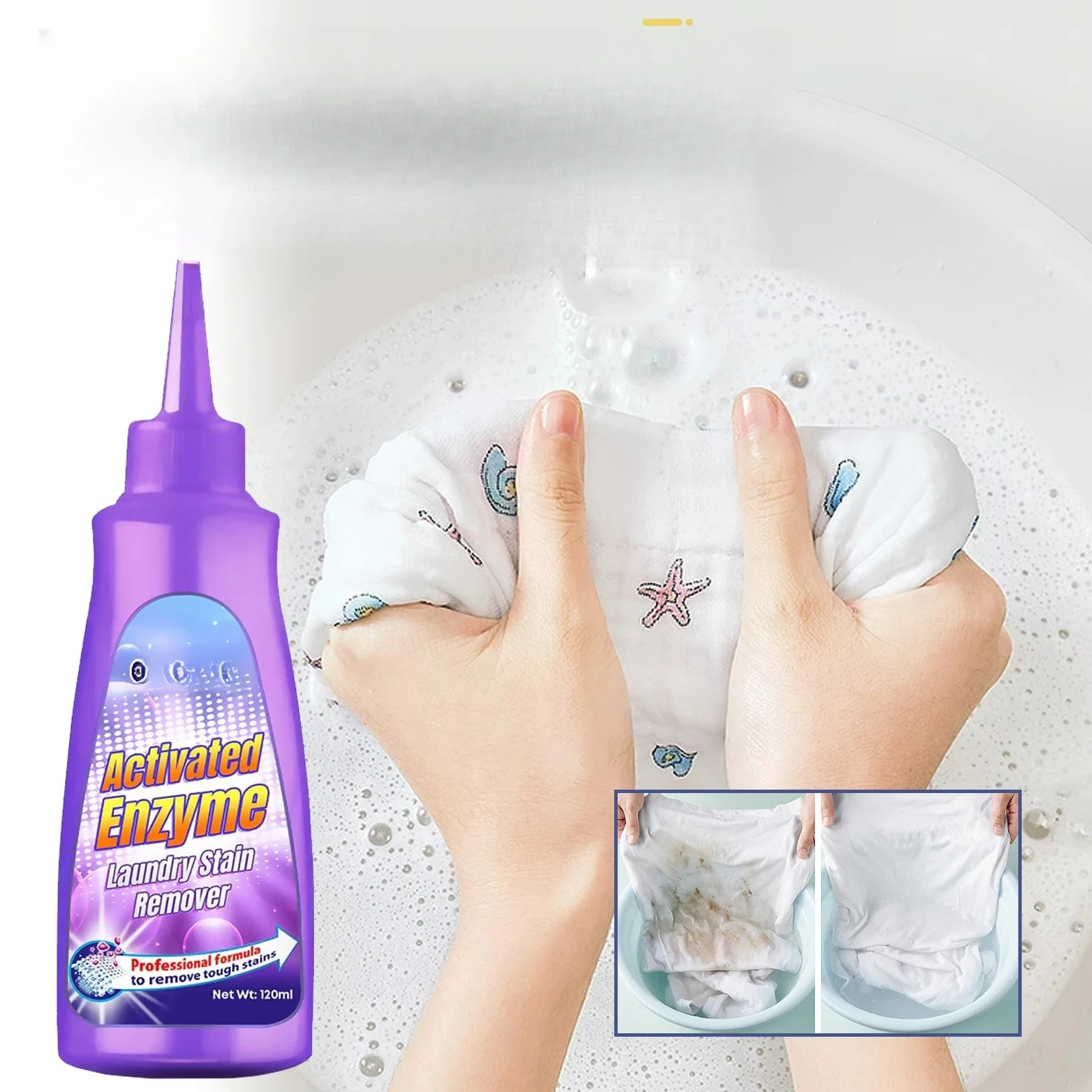 

Active enzyme laundry stain remover powerfully cleans stubborn stains, removes odors and cares for yellowed clothes