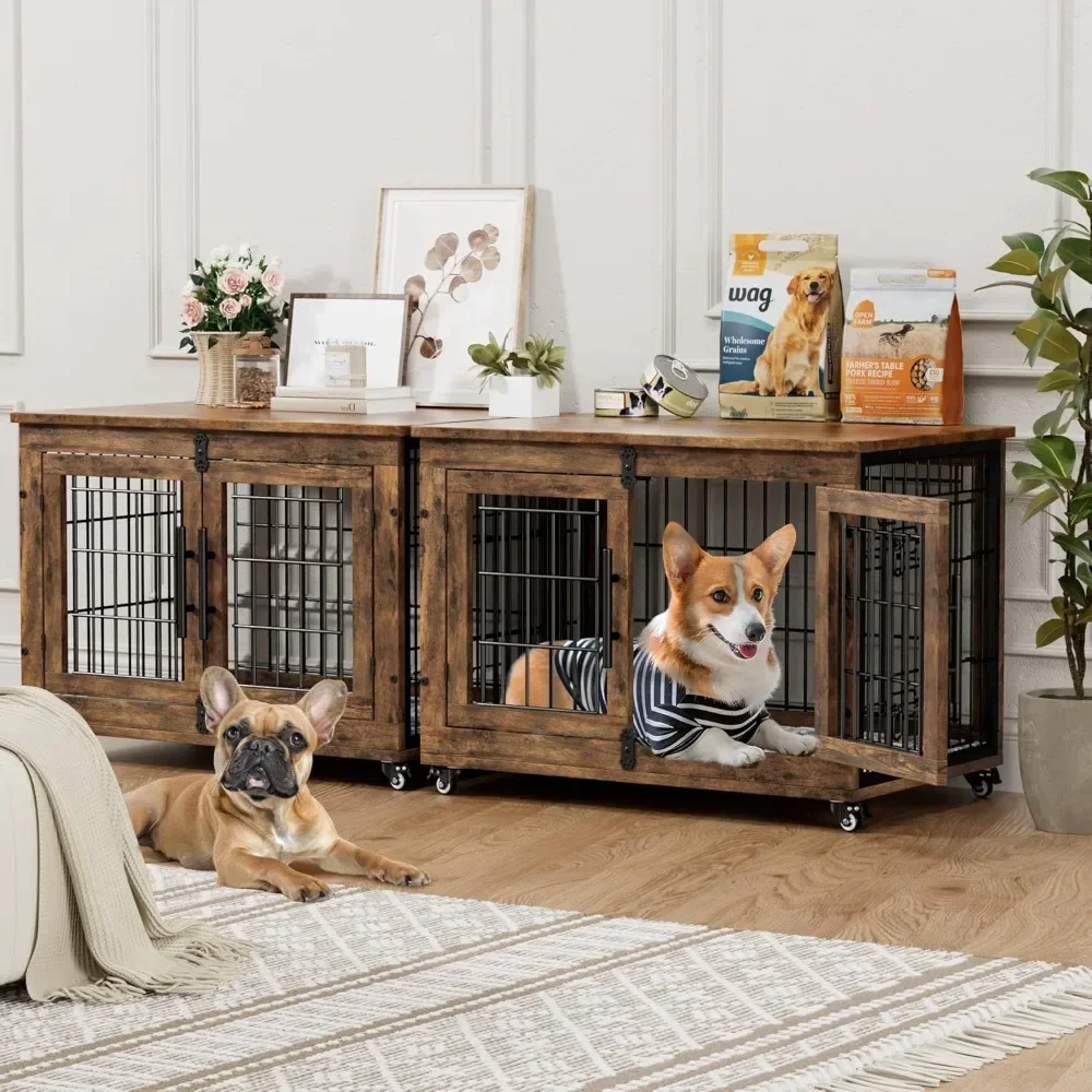 

Dog Crate Furniture with Cushion Set of 2, Wooden Dogs Kennel Indoor with Wheels & Double Doors, Dog Cage Side End Table