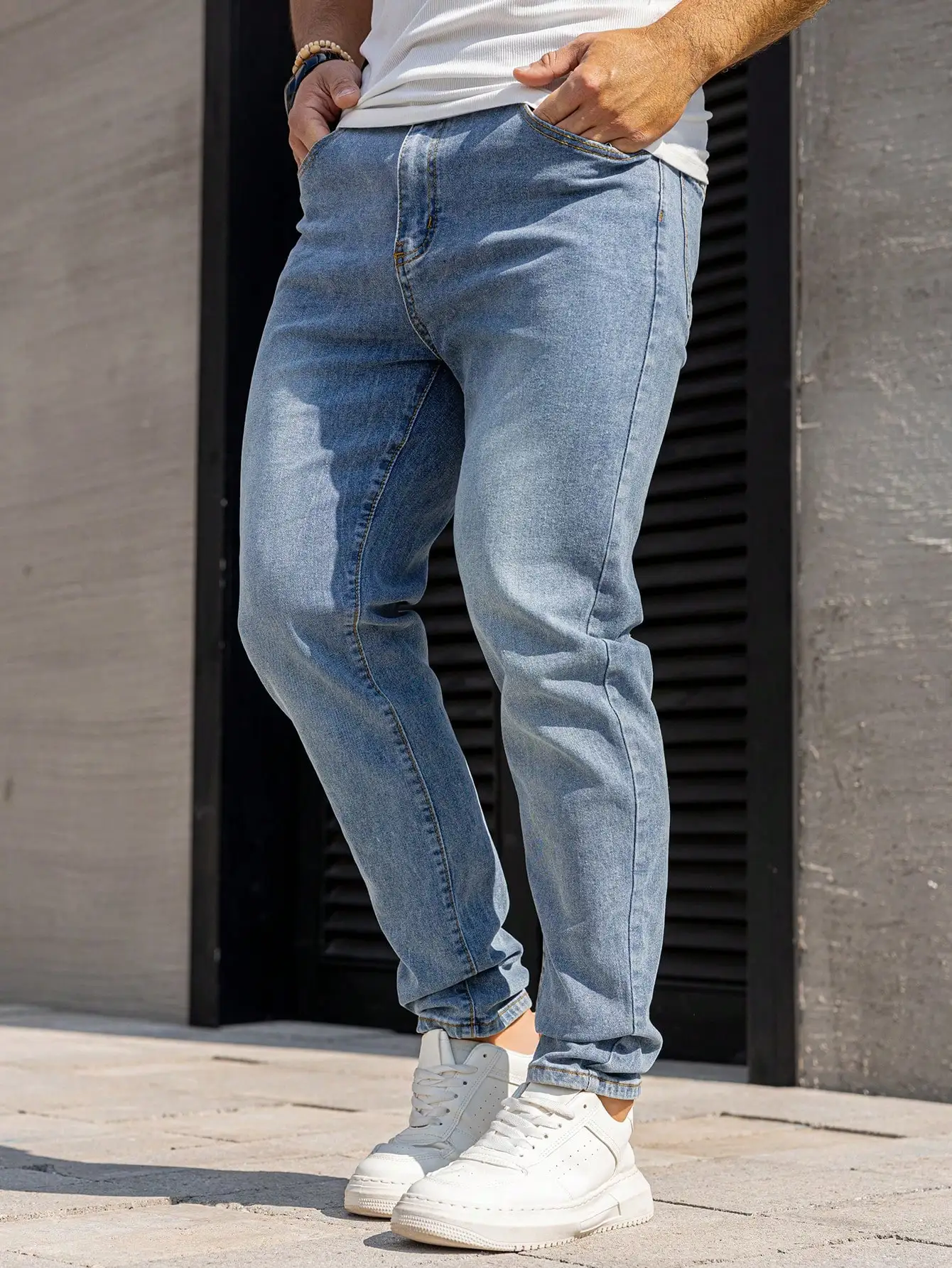 Men High Stretch Straight Denim Jeans Light Wash Denim Pants Casual Daily Wear Male Slim Trousers Streetwear