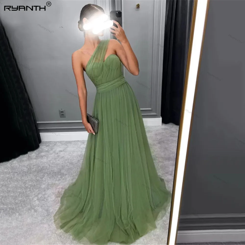 

Ryanth Elegant One Shoulder Long Evening Dresses 2024 Sage Green Pleated Tulle Prom Party Gowns For Women vestidos de noche 2024