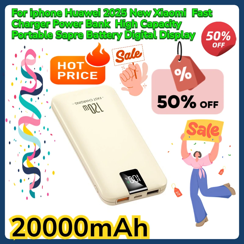 

For iphone Huawei 2025 New Xiaomi Fast Charger Power Bank 20000mAh High Capacity Portable Sapre Battery Digital Display