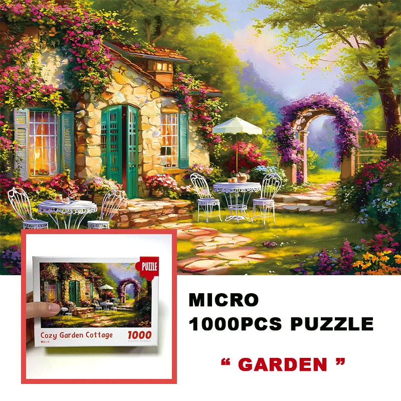 Premium 1000-Piece Mini Jigsaw Puzzle: Cozy Garden Cottage Scene - 38x26cm (15x10 Inches) | Christmas Gifts