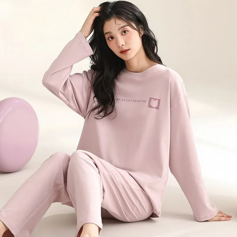 Pure Cotton Pajamas para Women, Round Neck, Long Sleeve, Casual Sleepwear Set, Loose Homewear, Solid Color, New, Spring e Autumn, 2022