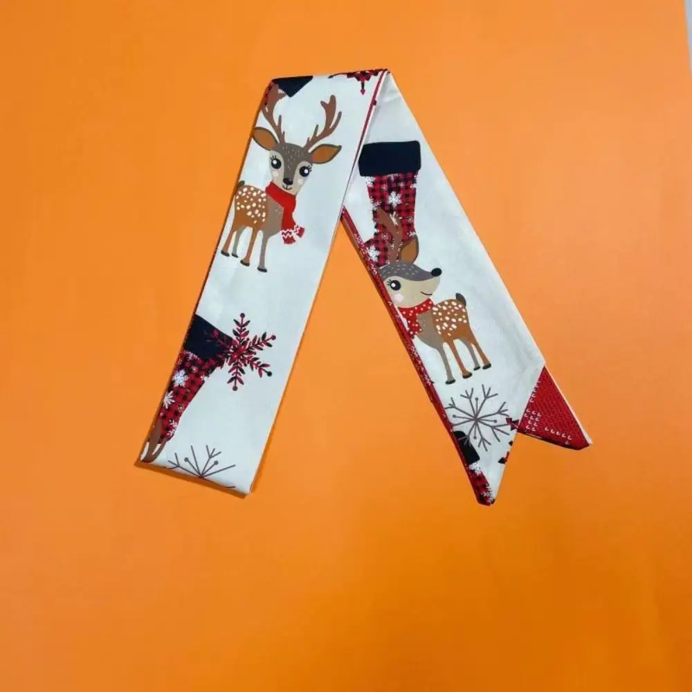 

Simple Ribbon Headband Christmas Silk Scarf Printed Santa Claus New Year Scarf Elk Neckerchief Scarf Hair Band Female