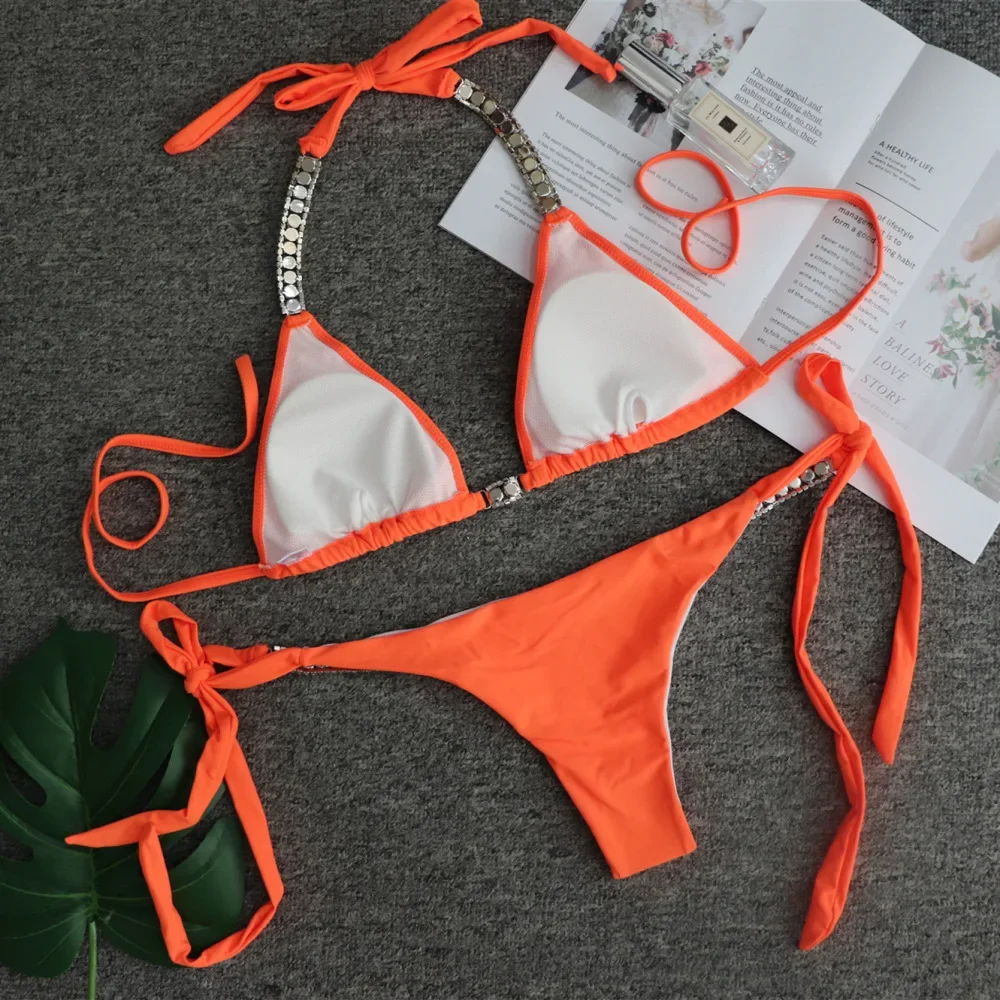 sexy orange bathing suit Sexy ShyleeQ Swimwear Orange Metallic Beaded Trikini main image 1