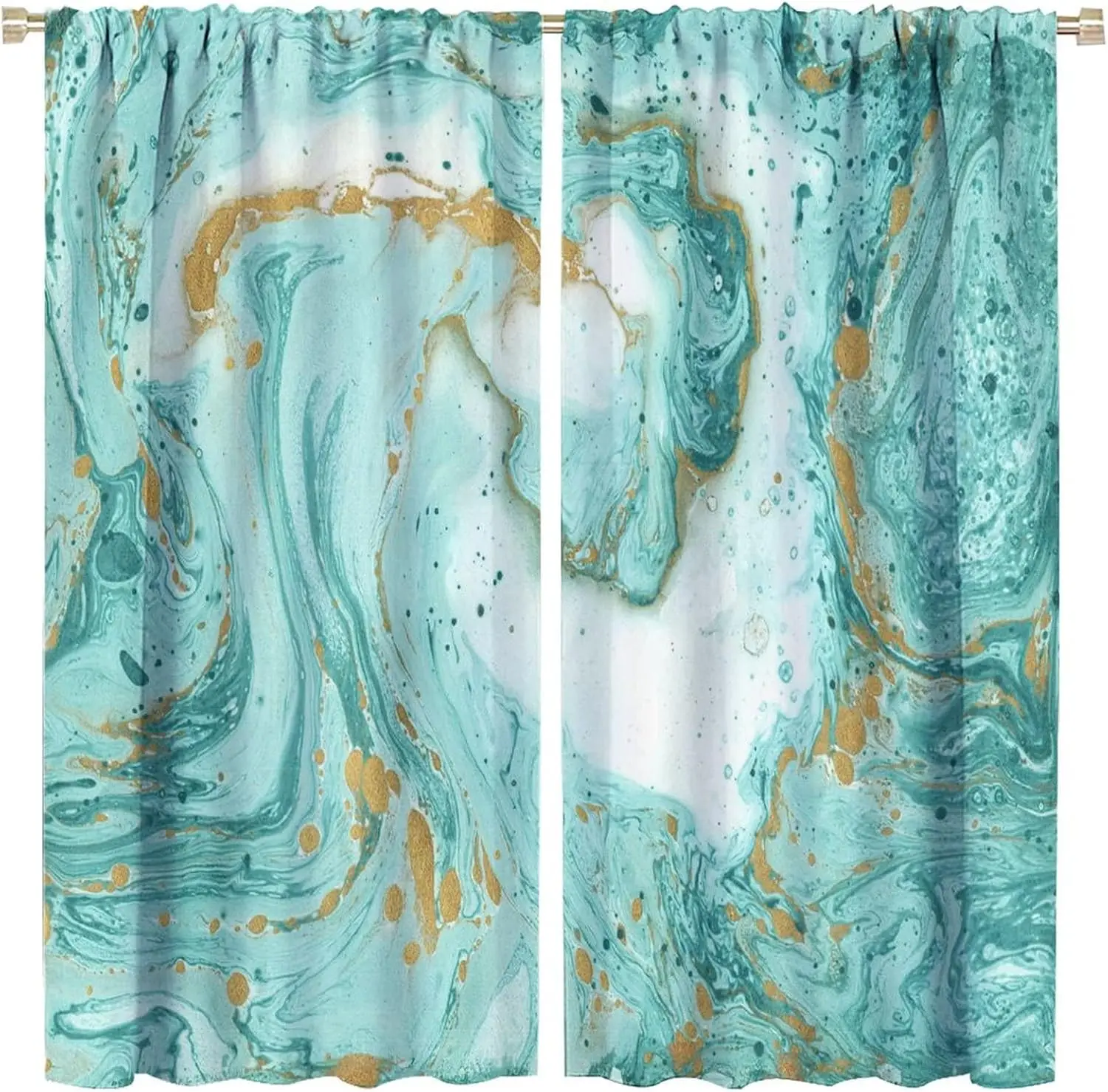 Luxury Marble Blackout Curtain Turquoise Teal White Gold Foil Swirl Liquid Art Rod Pocket Panels Elegant Modern Bedroom Decor