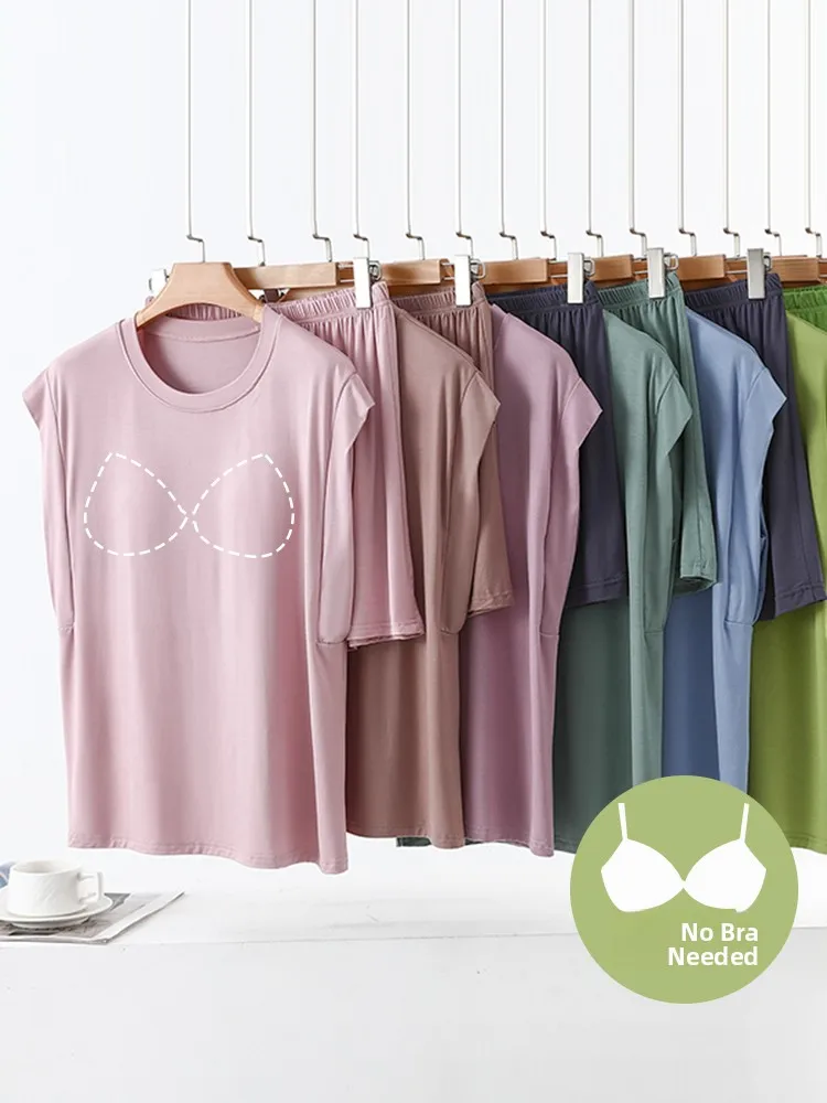 

Summer Modal Sleepwear Set Women's Home Clothes Viscose Fiber round Neck Short Sleeveless Comfortable Breathable Nightgown