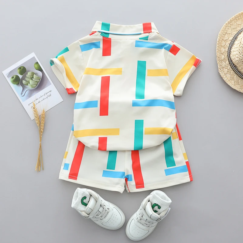 Infant and toddler summer four-color striped full-print polo shirt and shorts set with lapels