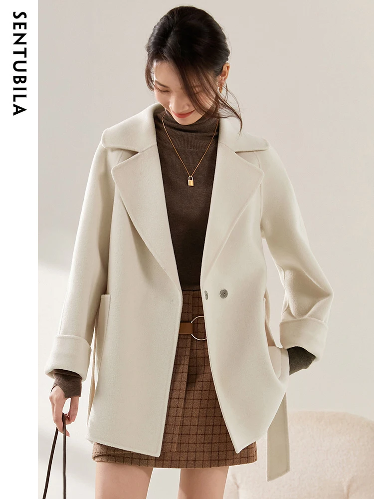 

SENTUBILA Winter 100% Wool Coats Women 2024 Elegant Notched Collar Double-faced Wool Blend Oversize Belted Overcoat Patch Pocket