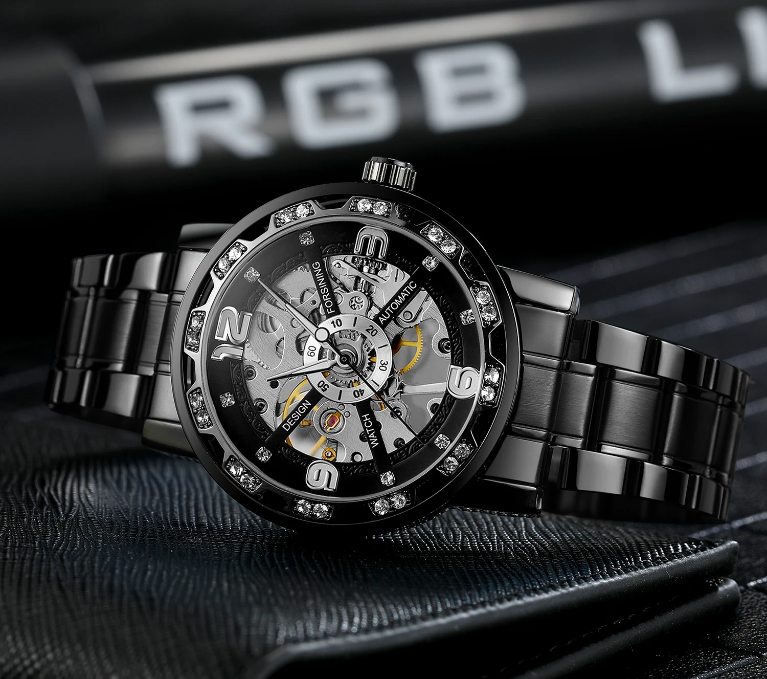 FORSINING الكلاسيكية النقش ساعات رجالي الهيكل العظمي الميكانيكية حجر الراين مؤشرات مضيئة الصلب الفاخرة رجل الأعمال ساعات المعصم