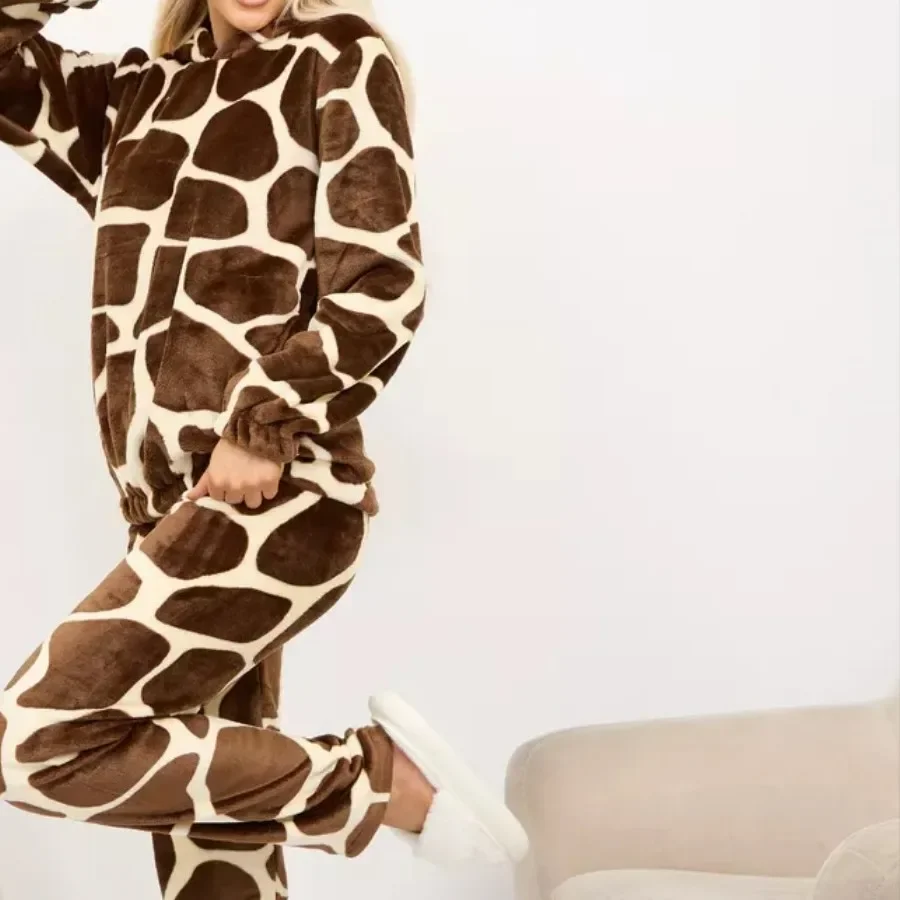 

Autumn Winter New Pajamas Suit Thicken Flannel Long Sleeve Hooded Top Pants 2Pcs Loungewear Warm Home Clothes Lady Nightwear