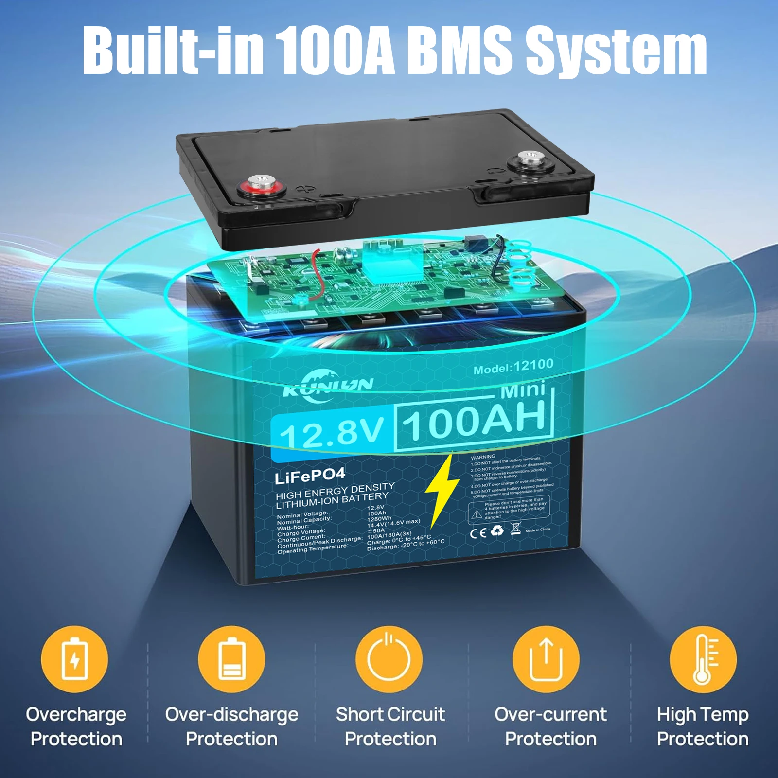 12V LiFePO4 Battery 120Ah/100Ah 60Ah 30Ah 12.8V Lithium Iron Phosphate Batteries Pack 5000 Cycles RV Cart Boat Solar Battery