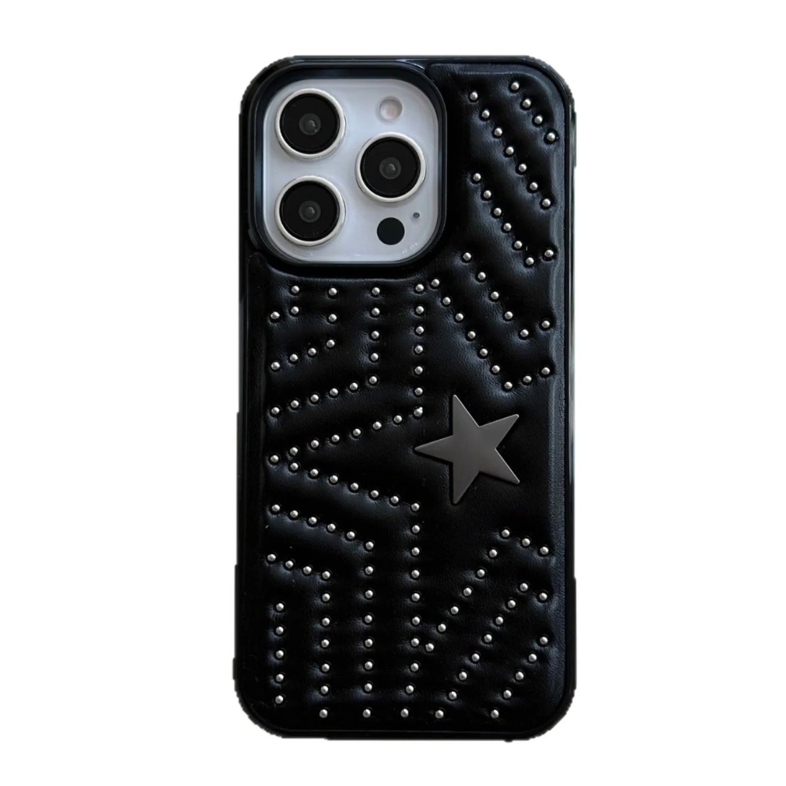 

Кожаный чехол для телефона с металлическими заклепками и звездами для iPhone 16, 15, 14 Pro Max, полное покрытие