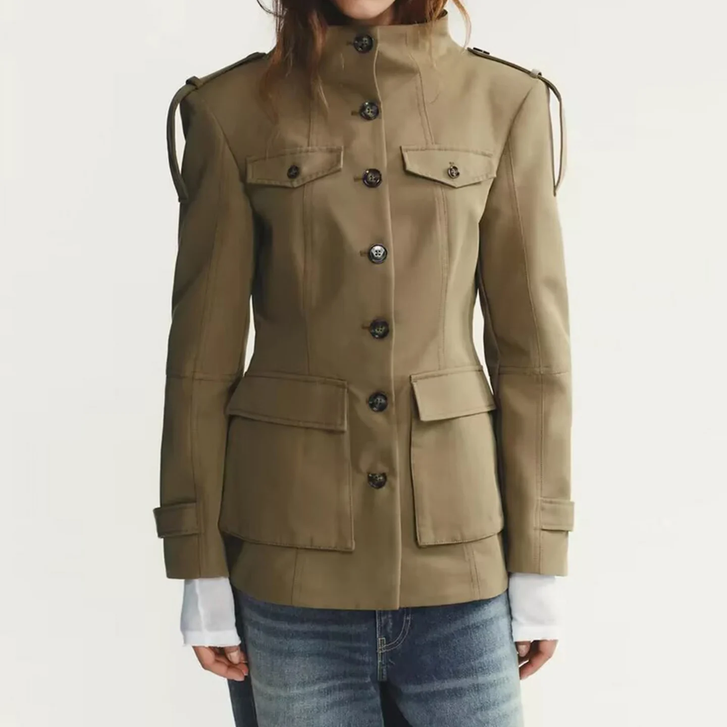 

2025 Autumn New Women's Faion Simple Belted ket Coat Casual Sle Stand Version Long Sve Mid-Length Button Closure