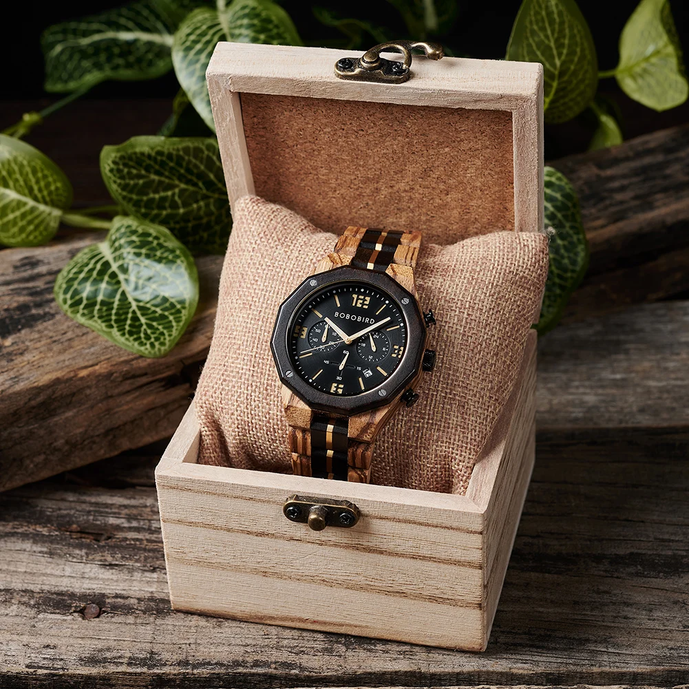 BOBO BIRD Watches Men Wooden Chronograph Watch Stainless Steel Wood Wristwatch for Male Customized Gift