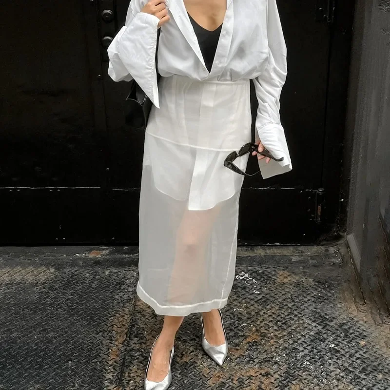 

White See-through Skirt Women's Sexy Slit Mesh High Waist Straight Skirt Y2k Fashion Retro Summer Party Casual Skirt