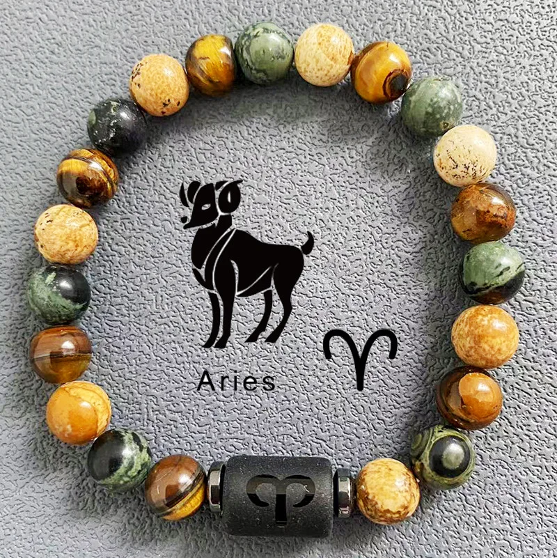 OAIITE 12 Zodiac Bracelet Women Aquarius Lion Libra Zodiac Bracelet Women Natural Tiger Eye Picture Stone Chakra Charm Jewelry