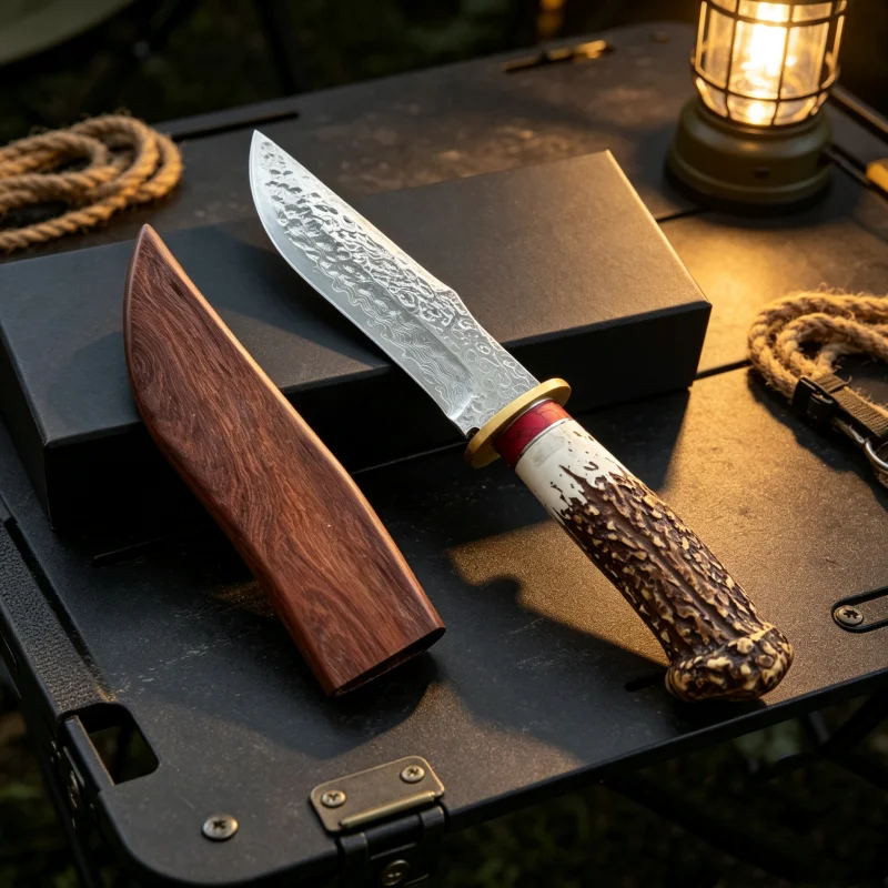 Fixed Blade Outdoor Camping Knife, Damascus Pattern Blade, Simulation Antler‑Style Handle, With Wooden Sheath, Multifunctional E