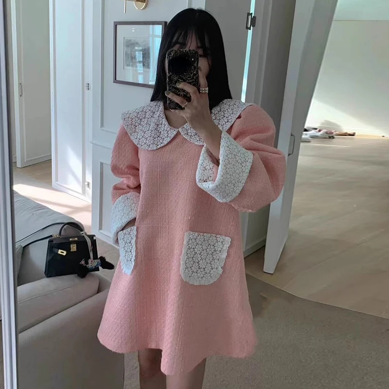 Lace Hook Flower Peter Pan Collar Tweed Dress Contrast Color Patchwork Sweet Vestidos Autumn Winter Vintage Long Sleeve Robe