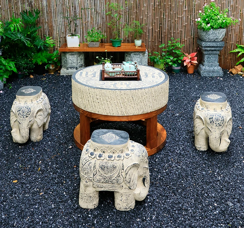 Outdoor Waterproof Table and Chair Courtyard Tea Table Outdoor Balcony Imitation Stone Table and Chair Elephant Stool