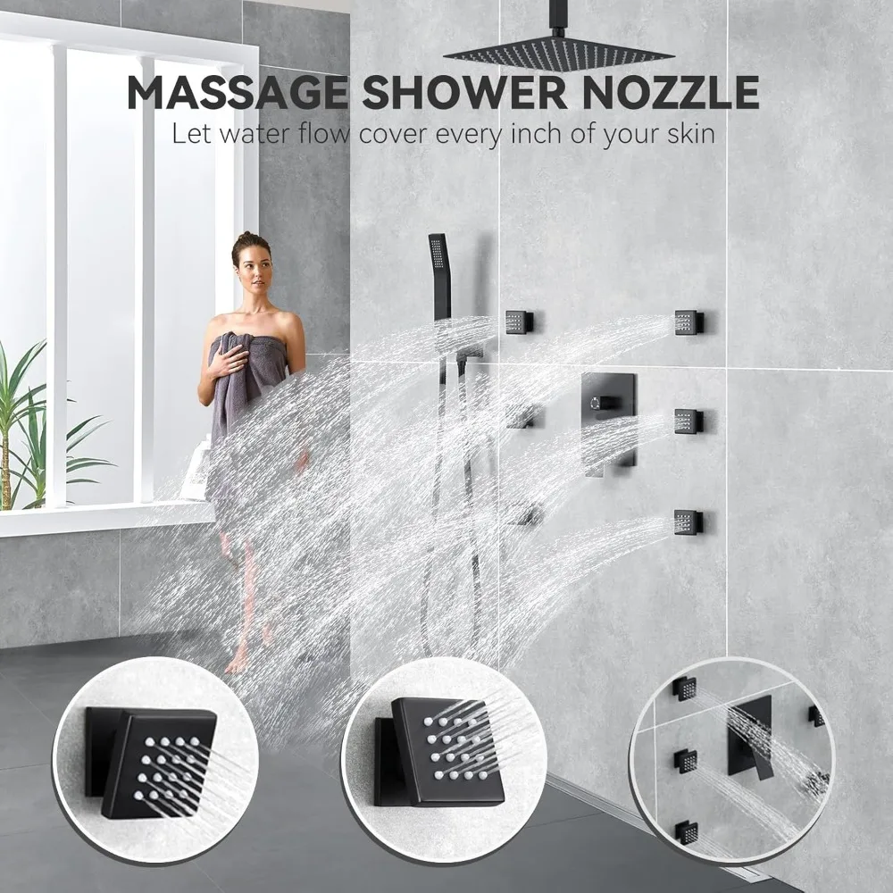 shower head，Shower System With Complete 6 Pcs Body Sprays Jets And Pressured Balance Rough-in Valve,12Inch