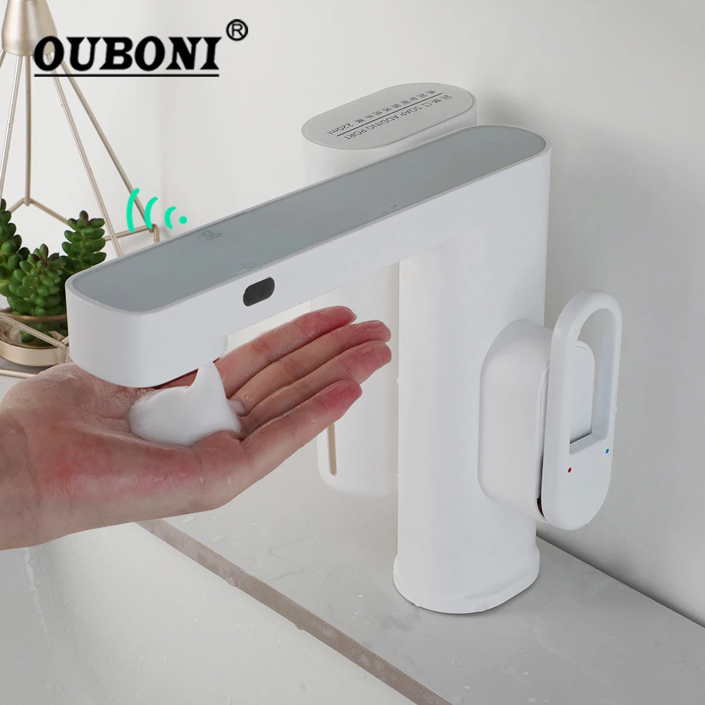 

OUBONI Bathroom Basin Sink Automatic Sensor Foam Soap Dispenser Faucet Single Hole Deck Mounted Hot Cold Water Outlet Mixer Taps