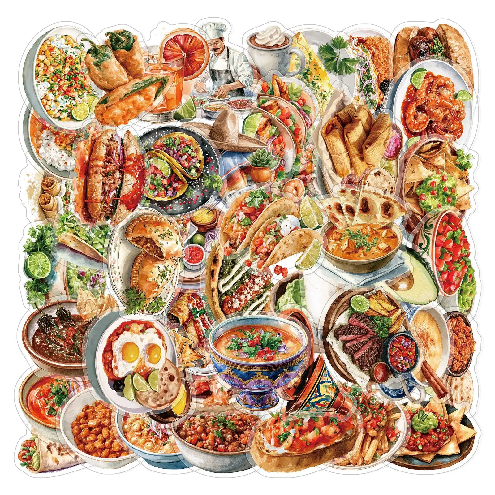 50Pcs Mexican Food PET Stickers Food Photos Decoration Fridge Wall Student Lunch Box Journal Notebook Decals