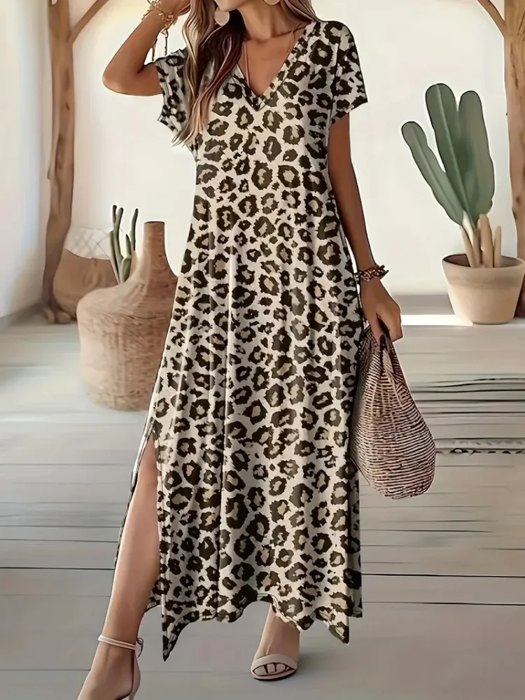 Plus Size Leopard Print Slit Dress Casual V Neck Short Sleeve Dress For Spring & Summer Odzież damska Plus Size