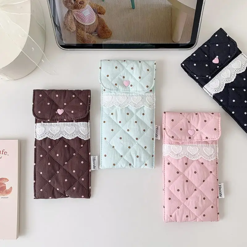 Niedliches Stiftetui mit Polka-Dot-Muster, gesteppte Brillentasche mit Spitzenbesatz, weiches Schutzfutter, tragbare Aufbewahrungstasche, Schreibwaren-Tasche – Detail 6