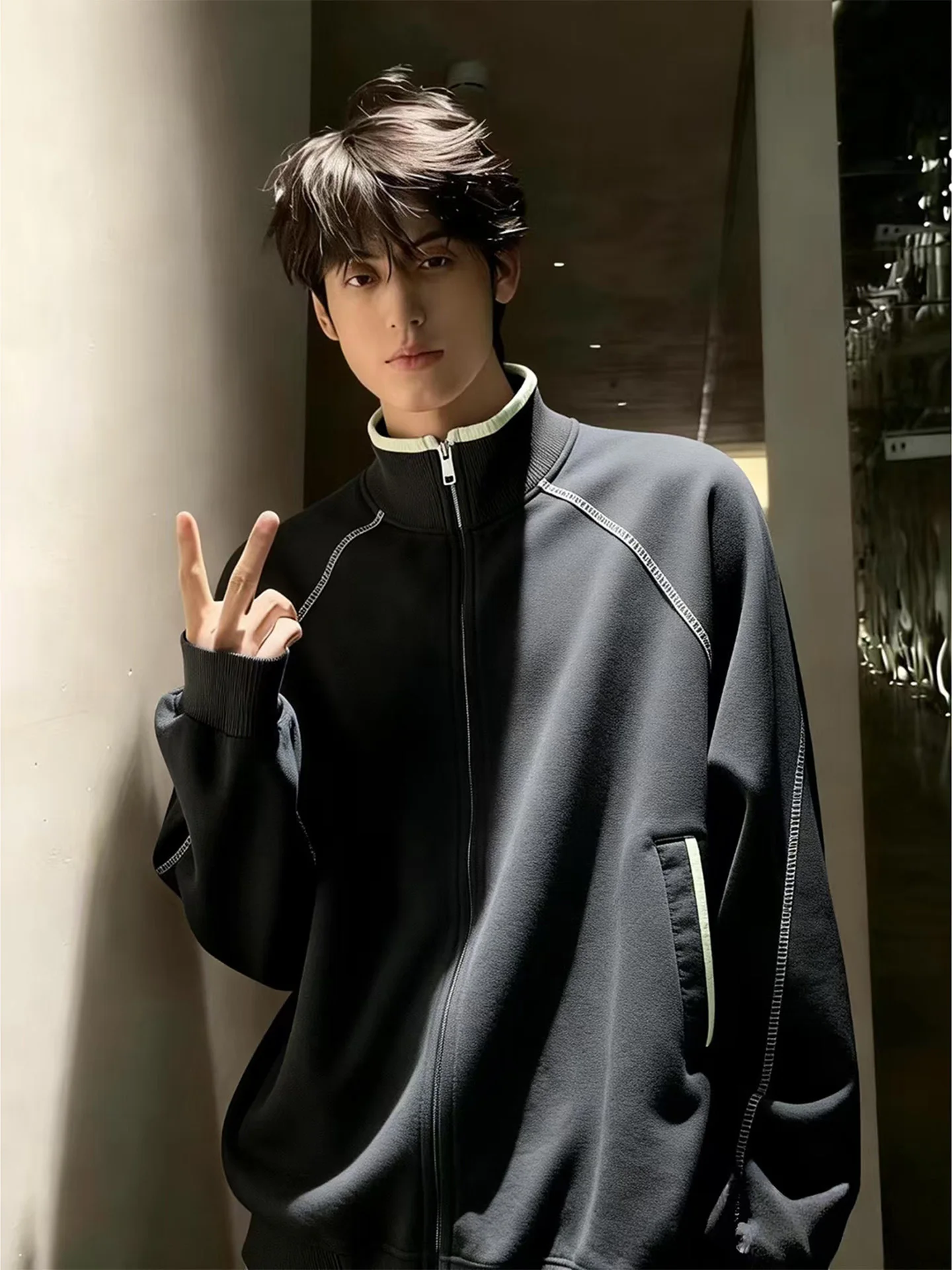 

Мужская толстовка на молнии с длинным рукавом, воротником-стойкой, в бейсбольном стиле, Cleanfit, повседневная, весна-осень, из смесового хлопка и полиэстера