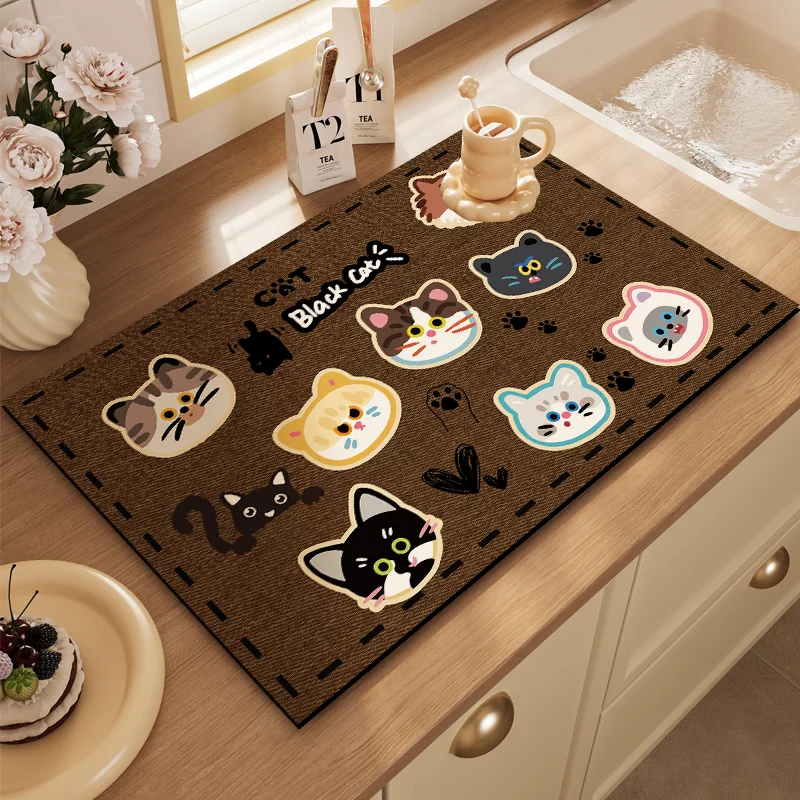 VIKAMA Cute Cartoon Cat Head Drying Mat Brown Background Paw Print Non Slip Absorbent Pad For Kitchen Sink Coffee Counter Decor