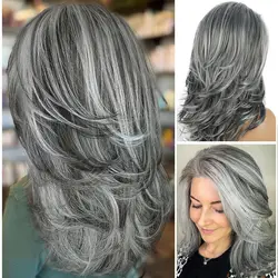 18inch Gray Natural Fluffy Short Synthetic Wig Soft Fiber High Temperature Silk Heat Resistant for Daily Use