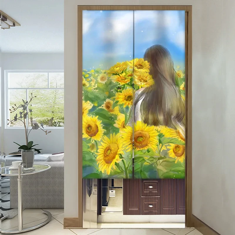 Sunflower Doorway Curtain Home Entrance Decor Floral Partition Linen Door Curtains for Kitchen Noren Curtains for Living Room