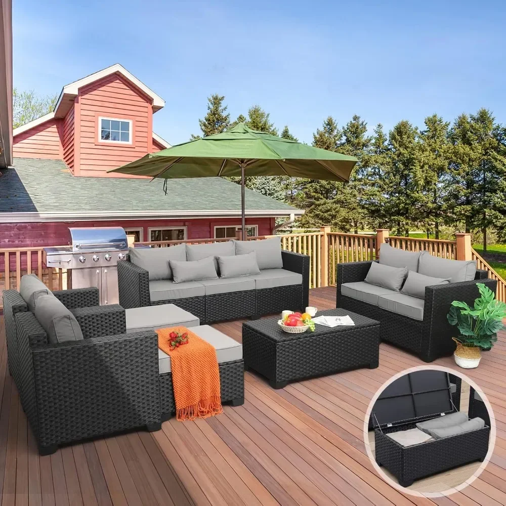 Terrassen möbel Sets 7 Stück Gartenmöbel Schnitt Terrassen sofas Set Aufbewahrung tisch rutsch feste graue Kissen