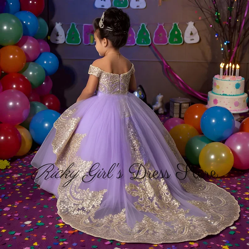 Luxurious Purple Flower Girl Dress For Wedding Birthday First Communion Off Shoulder Gold Applique Birthday Gowns Customized