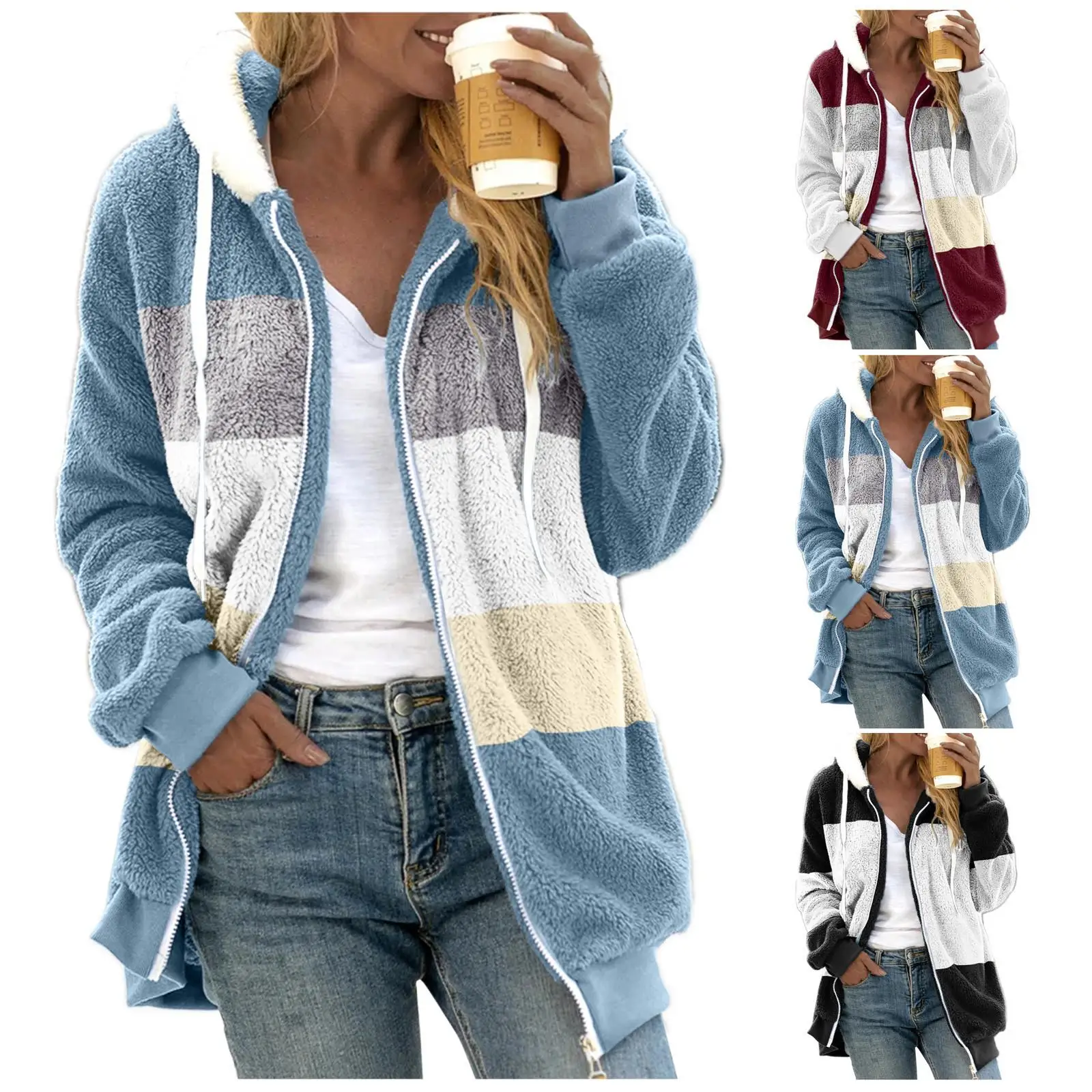 

Женская плюшевая куртка с капюшоном и пэчворком, с длинными рукавами, приталенного кроя, в европейском и американском стиле, с отделкой из меха