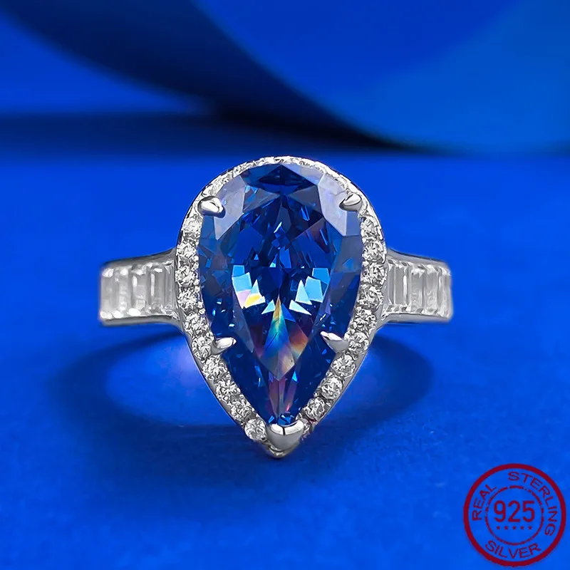 

New S925 Pure Silver Tanzanine Blue Ring 8 * 13 High Carbon Diamond Ice Flower Cutting Fashion Ring Ring Wedding Jewelry