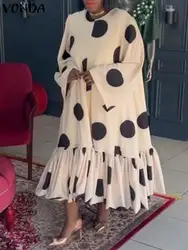 Artı boyutu 5XL VONDA Polka Dot baskılı Ruffled elbise Bohemian kadınlar uzun kollu parti Midi Sundress Vintage Casual gevşek Vestidos