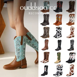 Ods Women Boots 2024 New Sunflower Embroidery Pointed Toe Slip On Mid-calf Autumn Winter Dark Brown Large Size 41 42 43 45 46